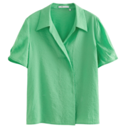范思蓝恩22FS2216法式短袖衬衫女设计感小众春夏新款V领衬衣 自然绿 S