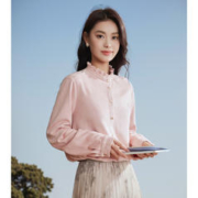 INMAN 茵曼 木耳边立领长袖衬衫女2023秋冬新款时尚通勤气质保暖衬衣上衣