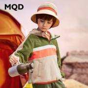 MQD童装男童满版摇粒绒卫衣秋装儿童条杠连帽宽松半开襟外套 卡其 110cm