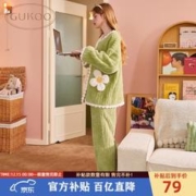 限移动端、京东百亿补贴：GUKOO 果壳 睡衣女加厚款320g冬开衫简约珊瑚绒保暖可外穿家居服套装女D 绿色小熊套装