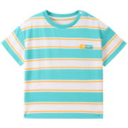 安奈儿童装男小童圆领短袖T恤2023年夏装新款纯棉撞色条纹上衣 绿橙条 120cm
