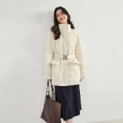 27日10点：冬装菱形格压线立领腰带设计女式中长款羽绒服