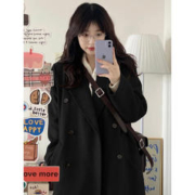 FOURDATRY 小个子毛呢大衣女2023秋冬新款赫本风双排扣显瘦长款呢子大衣外套 黑色 S