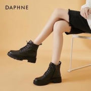 DAPHNE 达芙妮 马丁靴女牛皮英伦风粗高跟女靴皮靴女鞋子 422104611 黑色 39