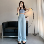 绿色醋酸阔腿裤女夏季薄款高腰垂感宽松防晒缎面休闲裤冰丝直筒裤