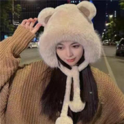 chongsukei 帽子女冬季韩版可爱小熊耳朵雷锋帽百搭 卡其色熊耳朵双球