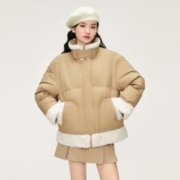 LEDIN 乐町 甜美仿羊羔毛羽绒服女2023冬季新款拼接温柔小众加厚保暖外套