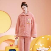 FENTENG 芬腾 睡衣女23年秋冬长袖新款珊瑚绒休闲舒适开衫家居服套装 粉桔 L
