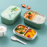 MAXCOOK 美厨 小学生饭盒 304不锈钢餐盘饭碗 双层分隔三格儿童饭盒便当盒配汤勺密封盖 绿颈鹿 MCFT8505