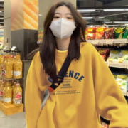 BTTKDL 黄色宽松无帽卫衣女2023秋冬新款圆领大版加绒加厚外套