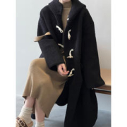 FOURDATRY 牛角扣仿羊羔毛大衣女2023冬季新款中长款宽松毛呢外套 黑色 L