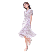 香影碎花连衣裙女2023夏装新款茶歇法式紫色裙子泡泡袖v领雪纺裙 紫色 M