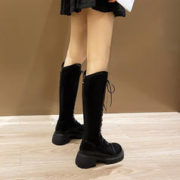 FOURDATRY 大码加肥秋冬长筒靴子女2023新款弹力绑带显瘦高筒厚底v口骑士靴