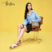 妙丽（Millies）millie's妙丽夏新款羊皮时尚交叉带厚底松糕增高女凉鞋LH525BL2 米白 37