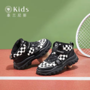 TARANIS 泰兰尼斯 kids男童运动鞋高帮加绒儿童鞋子中大童鞋黑白格学生冬鞋