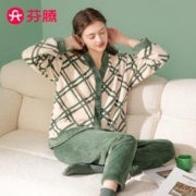 FENTENG 芬腾 漏洞：芬腾 睡衣女珊瑚绒加厚秋冬新品柔软休闲舒适开衫长袖家居服套装 深绿-C款 L