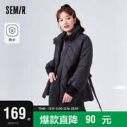 Semir 森马 棉服女中长款菱形格收腰外套通勤冬季防泼水宽松薄款101722112004