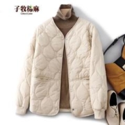 子牧棉麻 2023冬装 女百搭菱格棉衣棉服短款外套宽松夹棉小棉袄