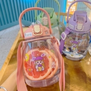 爱自由 网红大肚杯户外大容量健身水壶带提绳吸管女学生双饮水杯 透明粉色1300ml