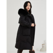 雪中飞 2020款廓形后背收腰羽绒服狐狸毛领加厚保暖中长款外套女 黑色 165