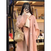 FOURDATRY 粉色毛呢大衣女2023秋冬新款双排扣中长款宽松气质呢子大衣外套女 粉红色 S