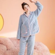 FENTENG 芬腾 睡衣女珊瑚绒加厚秋冬季长袖长裤翻领开衫学生保暖家居服套装 冰兰-女款 S