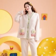 FENTENG 芬腾 睡衣女珊瑚绒加厚秋冬新品柔软休闲舒适开衫长袖家居服套装 米杏-D款 L