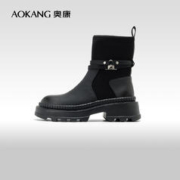 AOKANG 奥康 女鞋 冬季气质复古真皮时尚切尔西靴厚底骑士靴弹力靴