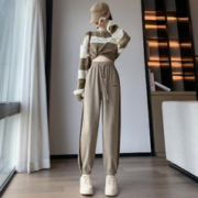 欧棉绒加绒撞色束脚裤女士秋冬新款潮流韩版时尚休闲卫裤女