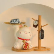 妖娆猫 招财猫钥匙收纳玄关桌面摆件工艺品装饰客厅新年乔迁之喜搬家礼物 收纳储蓄摆件-白色+葫芦杯架