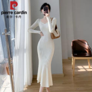 皮尔·卡丹 皮尔卡丹（pierre cardin）法式方领针织连衣裙女秋冬天春秋冬内搭毛衣裙修身显瘦包臀鱼尾裙
