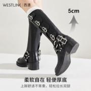 WESTLINK 西遇 复古骑士靴女美式西部机车中筒粗跟马丁靴子 黑色 35