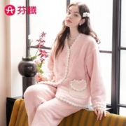 FENTENG 芬腾 睡衣女珊瑚绒加厚秋冬柔软休闲舒适开衫长袖家居服套装 萌粉-J款 L