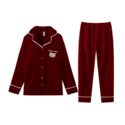 芬腾睡衣女冬季新品法兰绒开衫长袖纯色翻领家居服套装 深红 S