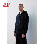 H&M 男装卫衣2023秋季新款休闲美式外套简约拉链连帽衫1011890 黑色 170/92A