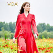 VOA 重磅真丝40姆米V领撞料乔其做旧砂洗软糯亲肤长袖连衣裙 AE2229 阡陌红尘（H86） 160/M