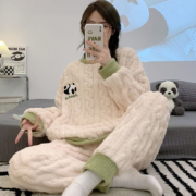 韩米安 2023秋冬加绒加厚法兰绒睡衣女可外穿舒适家居服睡衣女长袖长裤女 806熊猫 2XL 130-145斤