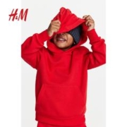 H&M HM童装男女童卫衣冬季加绒保暖加厚连帽长袖红色套头上衣0542551