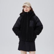 ERAL 艾莱依 时尚韩版仿羊羔毛拼接夹克短款羽绒服女2023新款鸭绒女式外套