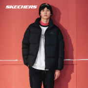 PLUS会员：Skechers 斯凯奇 羽绒服情侣冬季保暖立领外套男女同款拼色加厚短款夹克 L423U106-0018碳黑 L