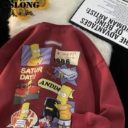 GSLONG 港士龙 酒红色圆领卫衣男潮牌秋冬季加绒加厚无帽美式复古高街外套