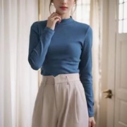 年轻茵子 小立领打底衫女内搭秋冬白色纯棉加厚正肩长袖t恤半高领修身上衣