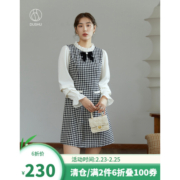 独束大码女装【复古小香系列】拼接假两件连衣裙女显瘦胖mm秋冬新款 白色格纹 XL