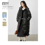 对白 PU皮拼接面料立领连帽女式长款羽绒服 DDY125B