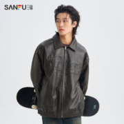 SANFU 三福 2023冬男士潮流字母PU皮夹克 街头净色时尚翻领外套479553