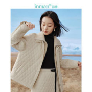 INMAN 茵曼 菱格短棉服女双层翻领长袖宽松百搭外套18348|445 卡其色 S