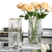 墨斗鱼透明玻璃花瓶方形北欧轻奢描金锤纹水培富贵竹植物客厅装饰花瓶