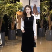 GLORIA 歌莉娅 丝绒连衣裙女冬季新款设计感气质通勤压褶拼接裙1BSR4K460