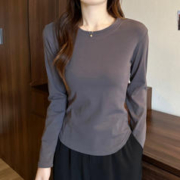 FOURDATRY 长袖T恤女秋季内搭不规则弧形收腰上衣宽松型宽松女新款打底衫ns 碳灰色 L