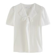 范思蓝恩23FS12369天丝短袖衬衫女夏设计感小众气质翻领绑带衬衣 珍珠白 L